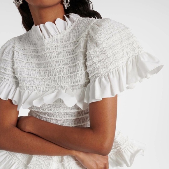 Susan Fang White Ruffled Top Smocked Short Sleeve White Blouse - Picture 1 of 6